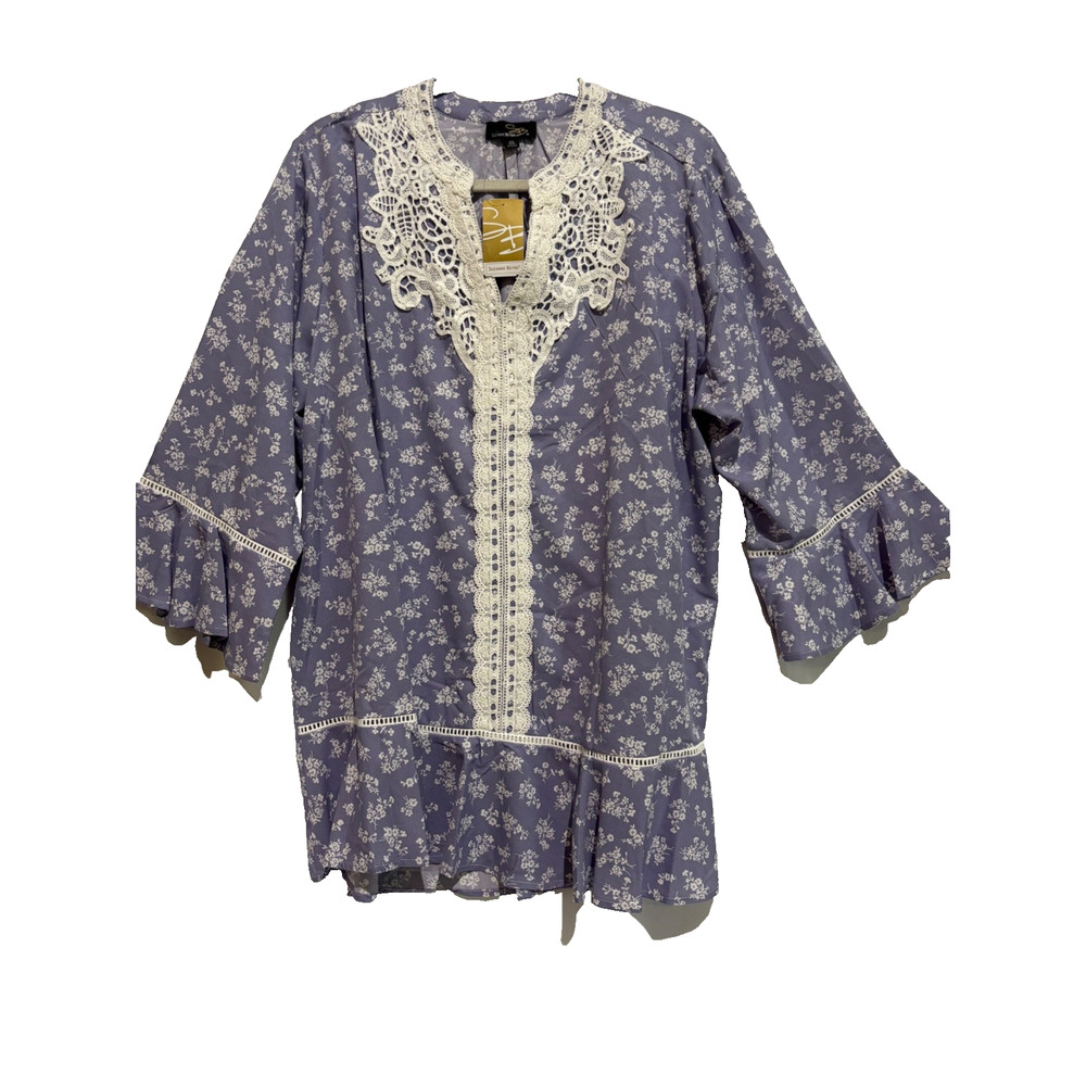 Suzanne Betro Top Womens‎ 3x New Floral Blue Lace Balloon Sleeve Prairie Boho